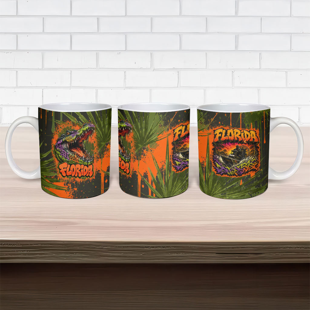 Florida Alligator Airboat Ceramic Mug Everglade Swamp Life Graffiti Splatter Artwork