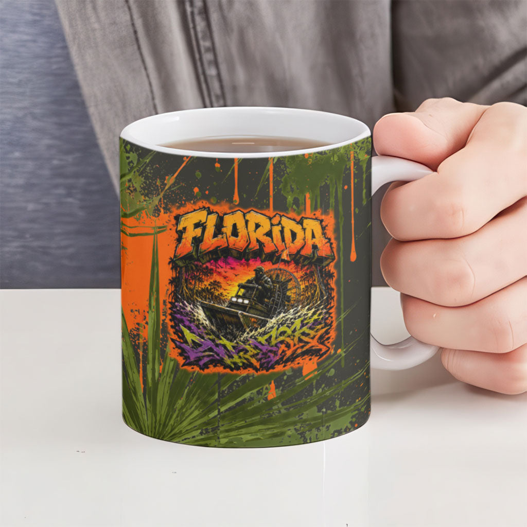Florida Alligator Airboat Ceramic Mug Everglade Swamp Life Graffiti Splatter Artwork