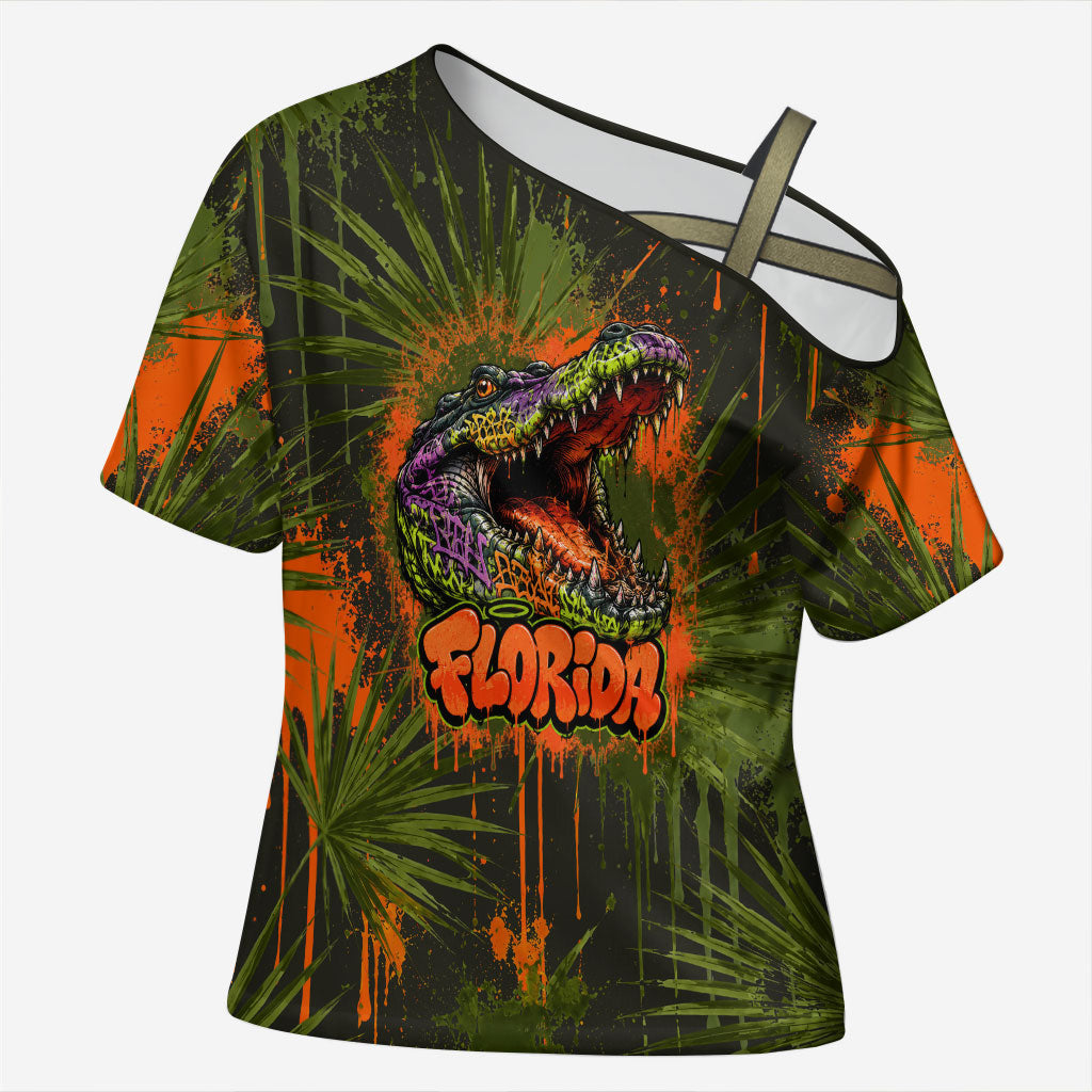 Florida Alligator Airboat Cross Shoulder Shirt Everglade Swamp Life Graffiti Splatter Artwork