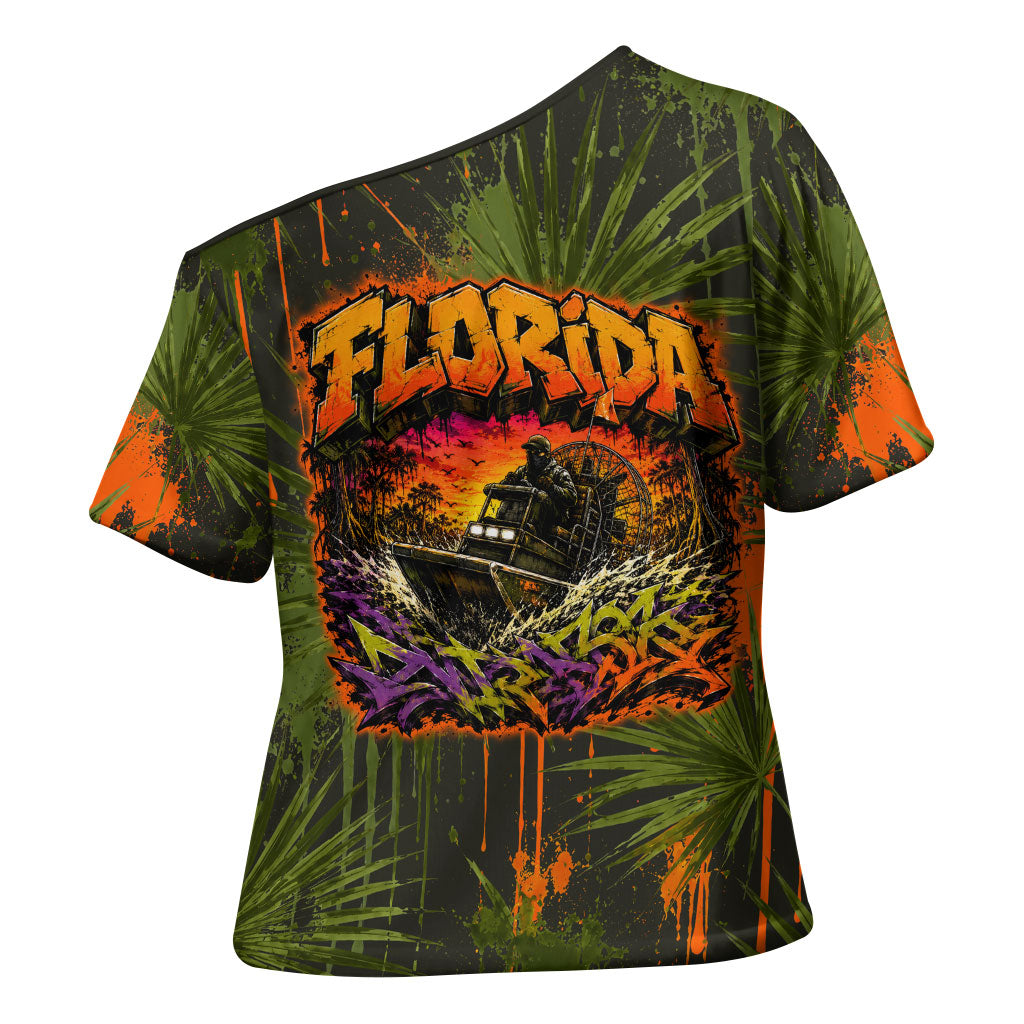 Florida Alligator Airboat Cross Shoulder Shirt Everglade Swamp Life Graffiti Splatter Artwork