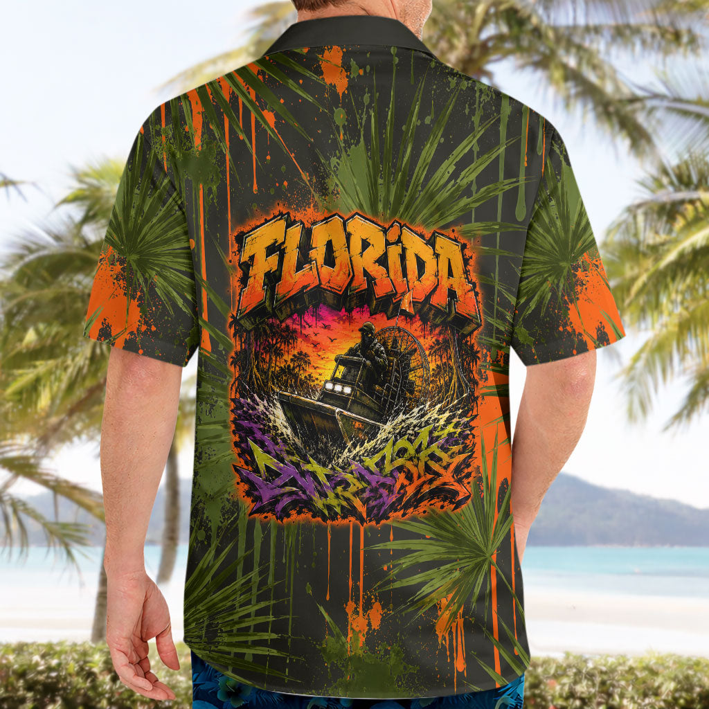 Florida Alligator Airboat Hawaiian Shirt Everglade Swamp Life Graffiti Splatter Artwork