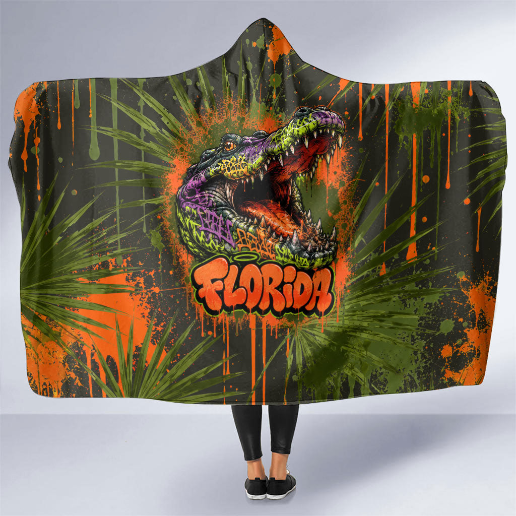 Florida Alligator Airboat Hooded Blanket Everglade Swamp Life Graffiti Splatter Artwork