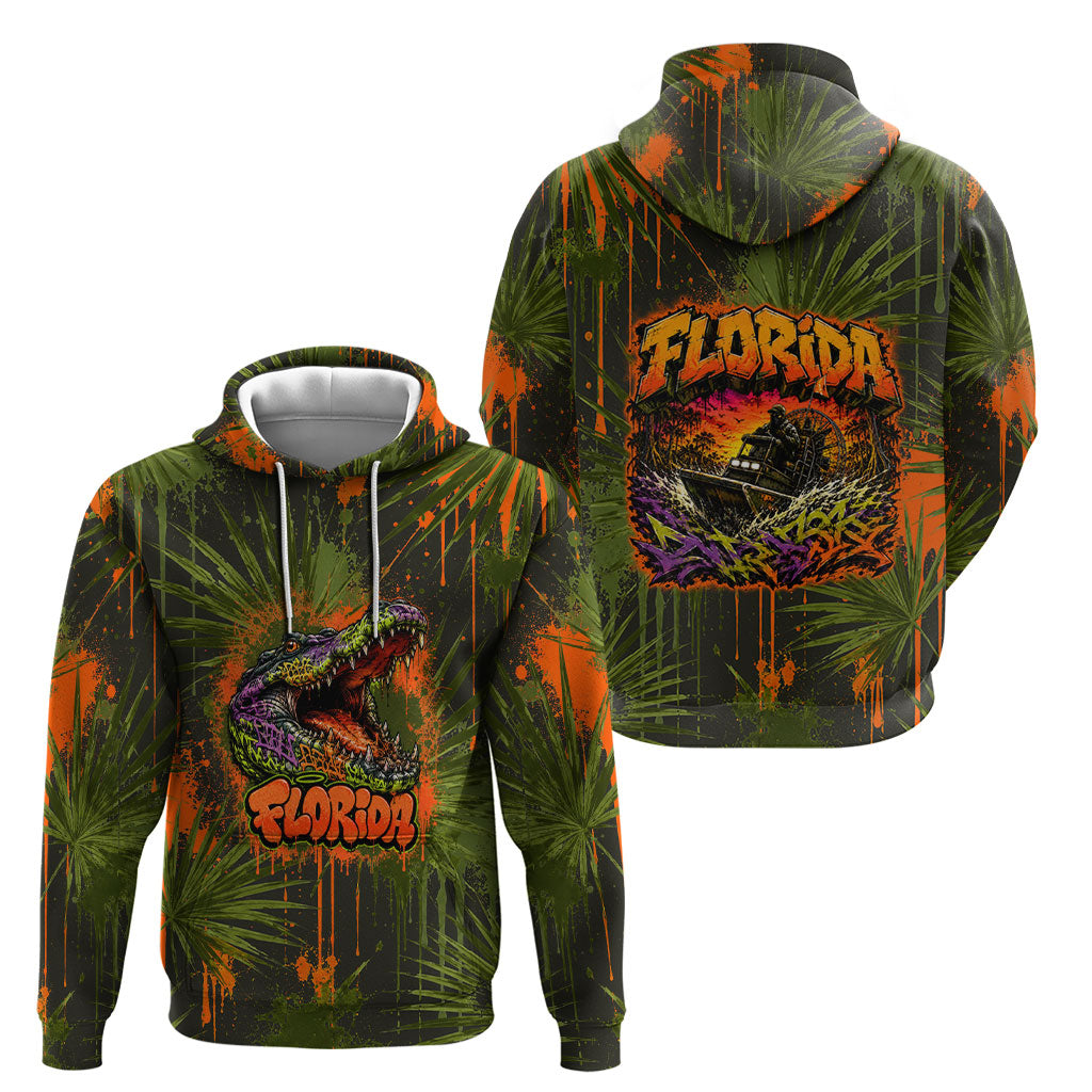 Florida Alligator Airboat Hoodie Everglade Swamp Life Graffiti Splatter Artwork