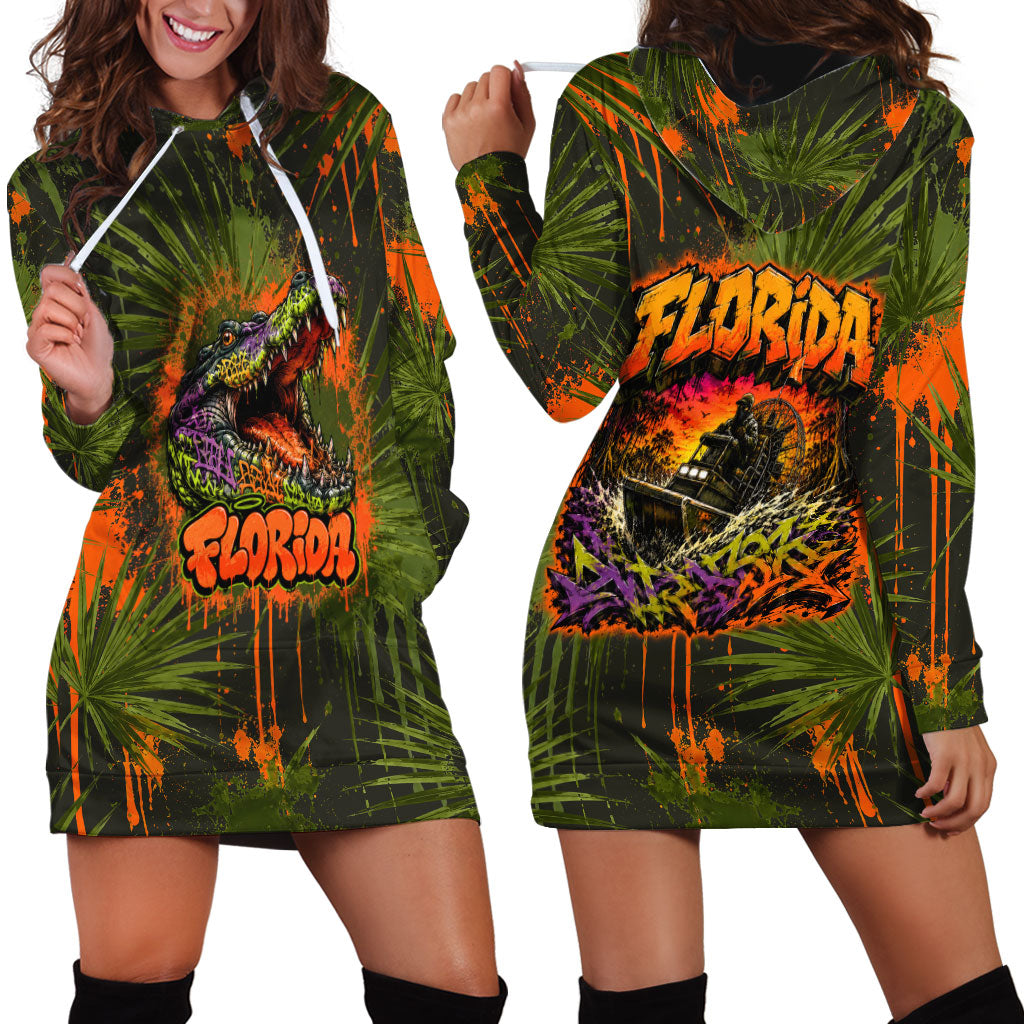 Florida Alligator Airboat Hoodie Dress Everglade Swamp Life Graffiti Splatter Artwork