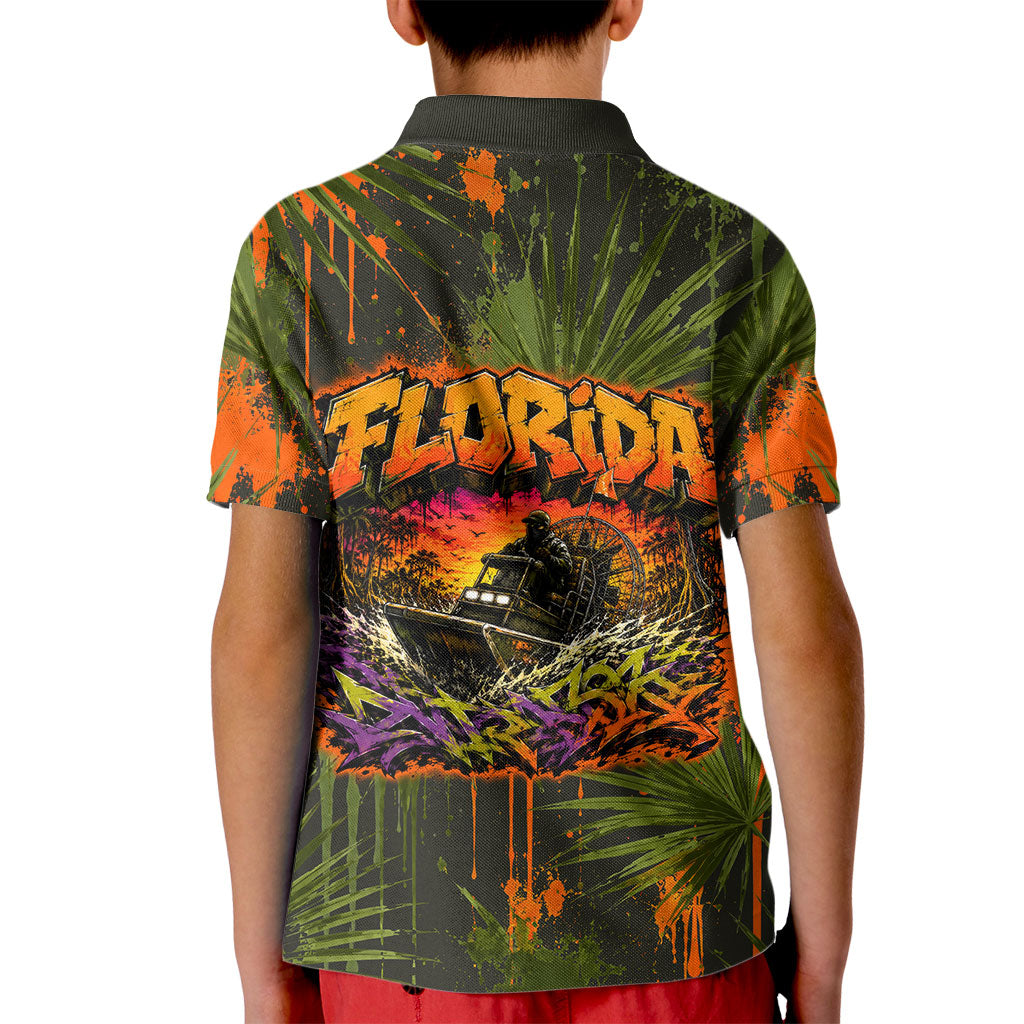 Florida Alligator Airboat Kid Polo Shirt Everglade Swamp Life Graffiti Splatter Artwork