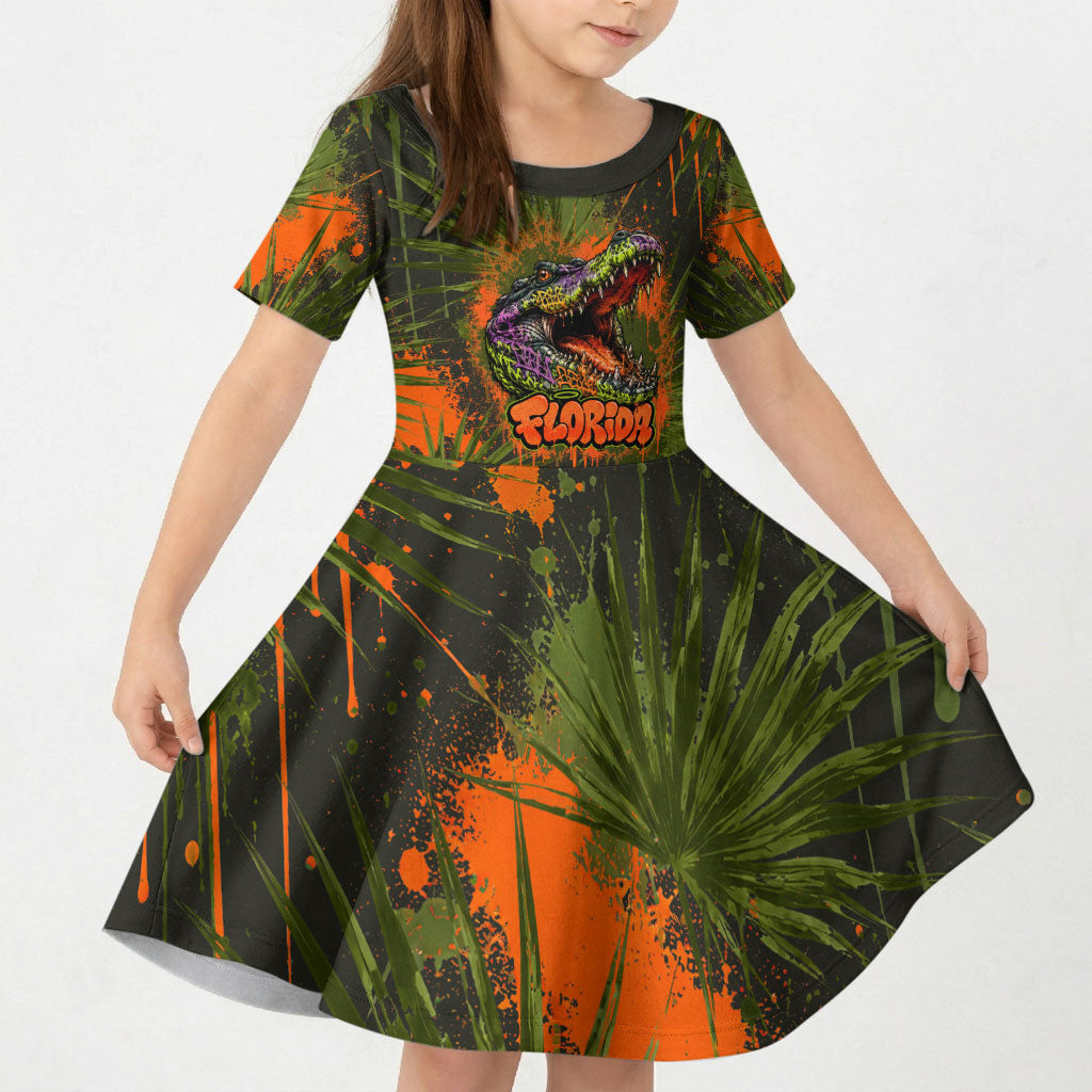 Florida Alligator Airboat Kid Short Sleeve Dress Everglade Swamp Life Graffiti Splatter Artwork