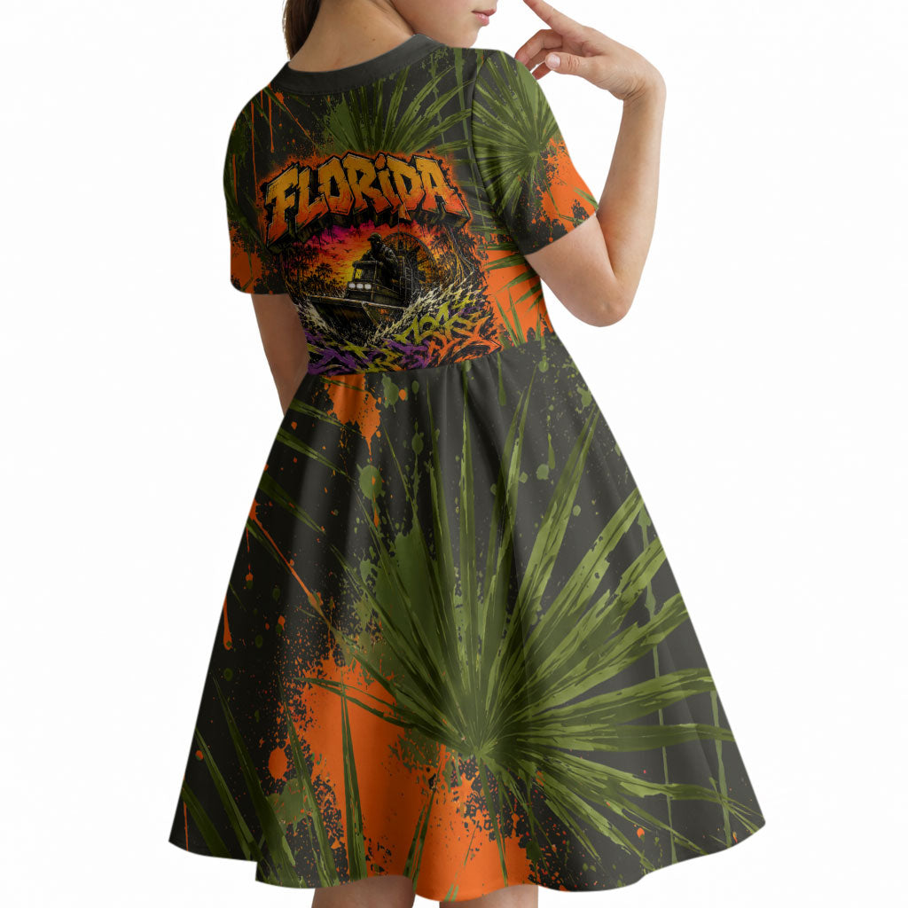 Florida Alligator Airboat Kid Short Sleeve Dress Everglade Swamp Life Graffiti Splatter Artwork