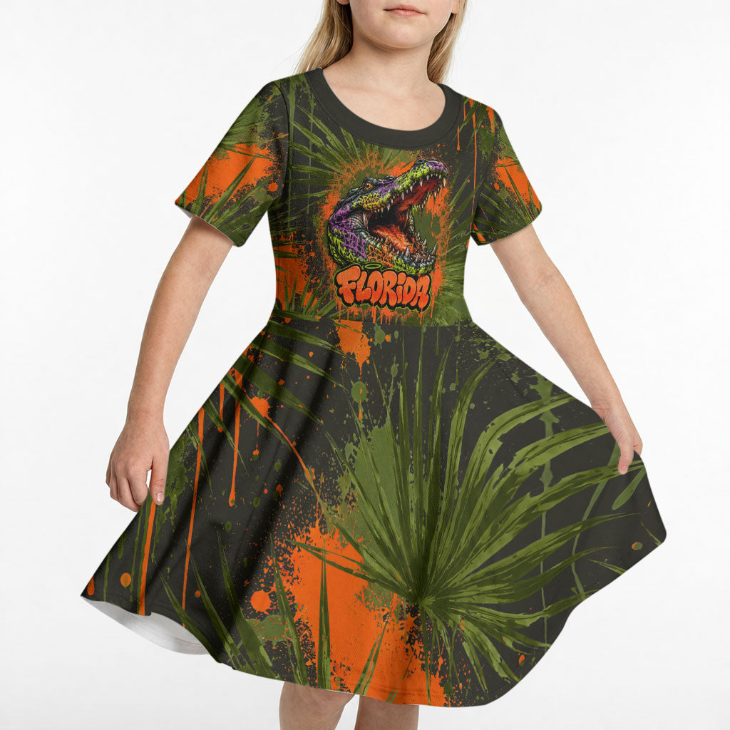 Florida Alligator Airboat Kid Short Sleeve Dress Everglade Swamp Life Graffiti Splatter Artwork