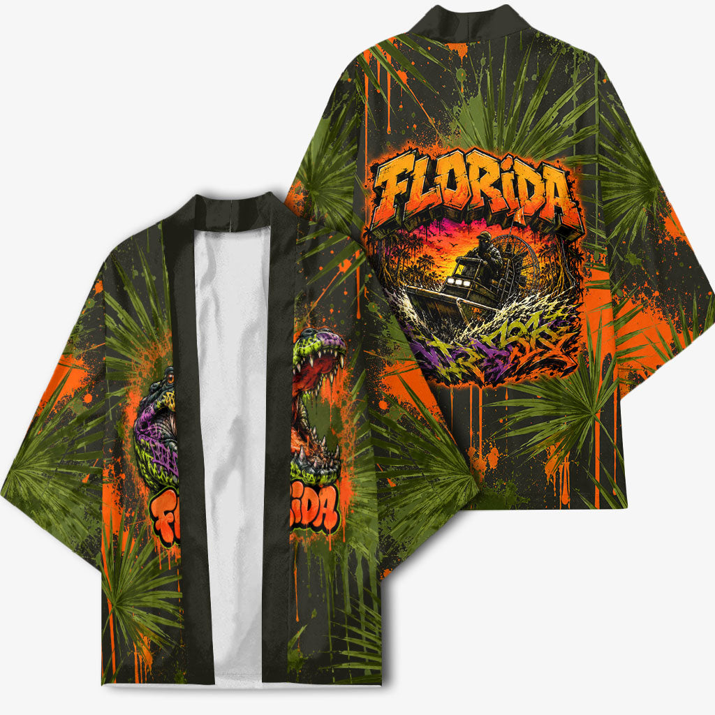 Florida Alligator Airboat Kimono Everglade Swamp Life Graffiti Splatter Artwork