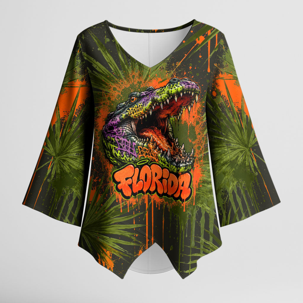 Florida Alligator Airboat Kimono Sleeve Blouse Everglade Swamp Life Graffiti Splatter Artwork