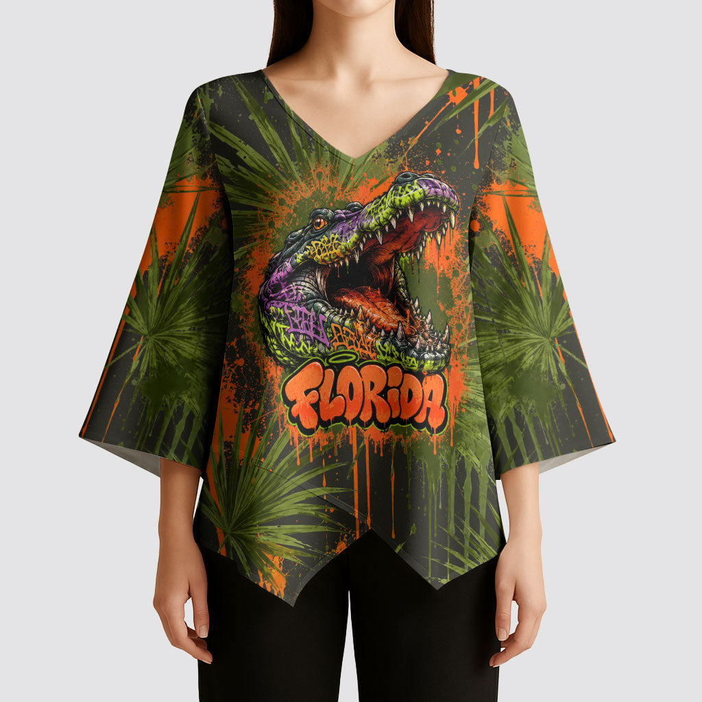 Florida Alligator Airboat Kimono Sleeve Blouse Everglade Swamp Life Graffiti Splatter Artwork