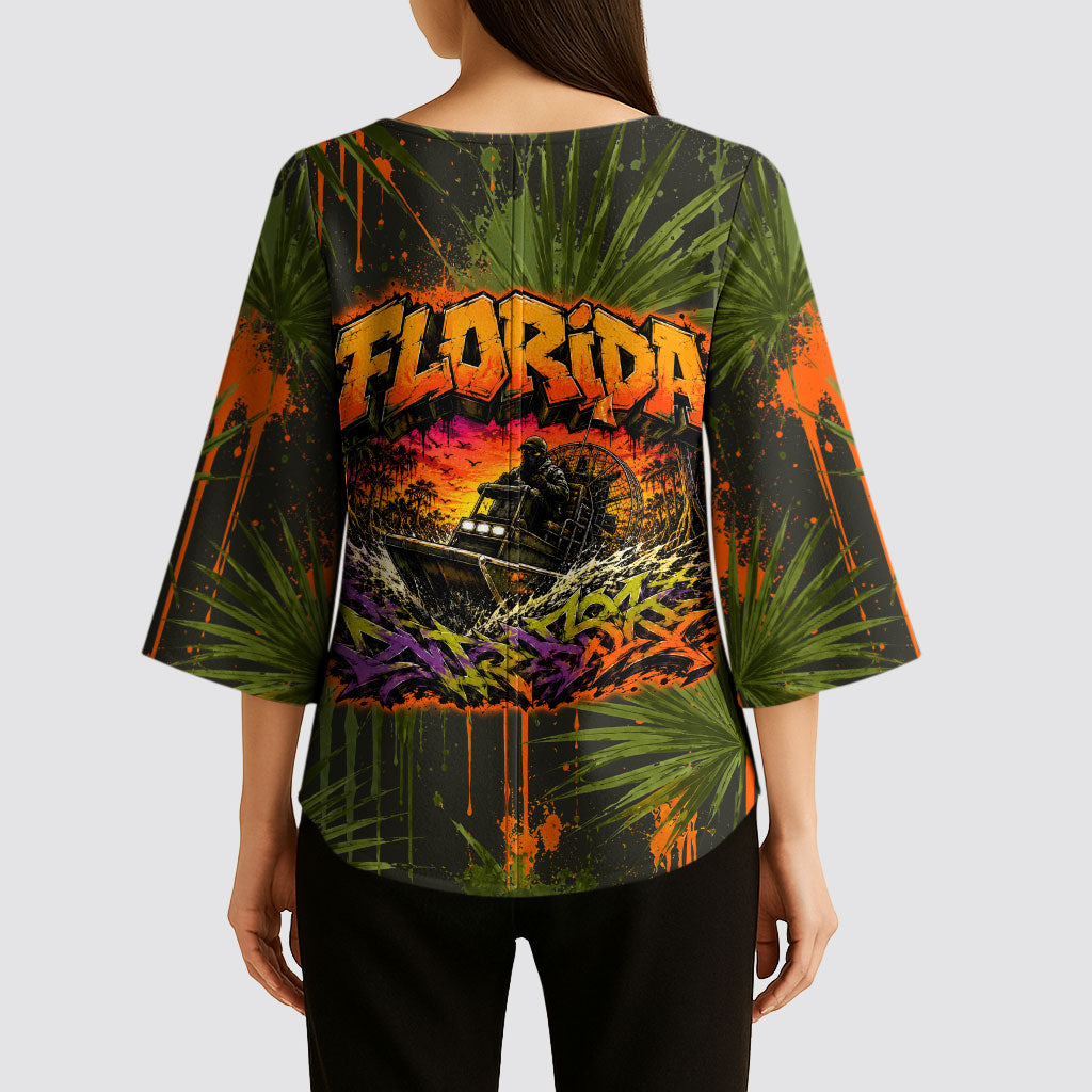 Florida Alligator Airboat Kimono Sleeve Blouse Everglade Swamp Life Graffiti Splatter Artwork