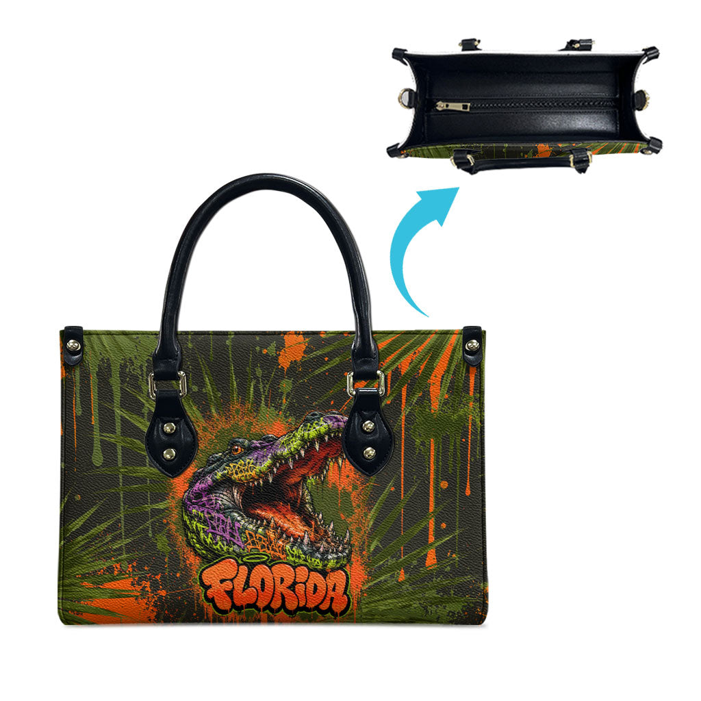 Florida Alligator Airboat Leather Bag Everglade Swamp Life Graffiti Splatter Artwork