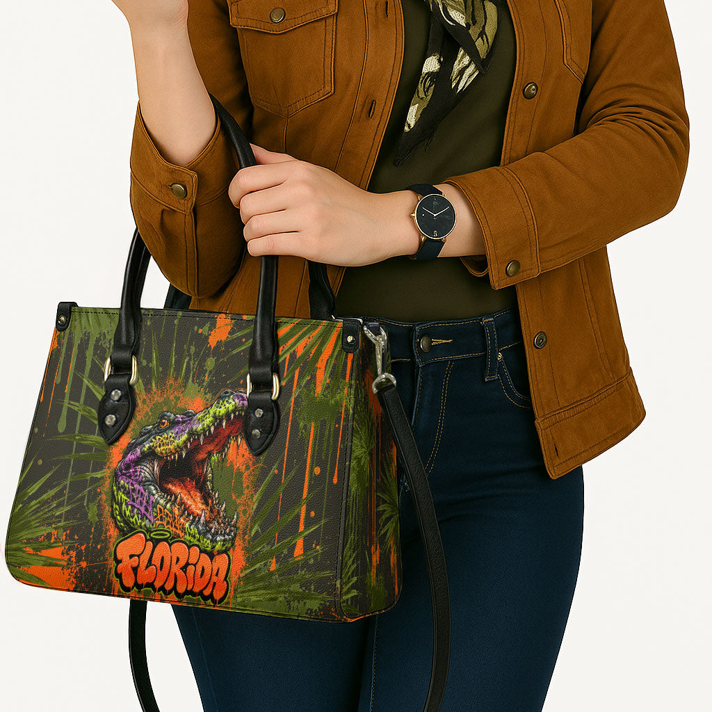 Florida Alligator Airboat Leather Bag Everglade Swamp Life Graffiti Splatter Artwork