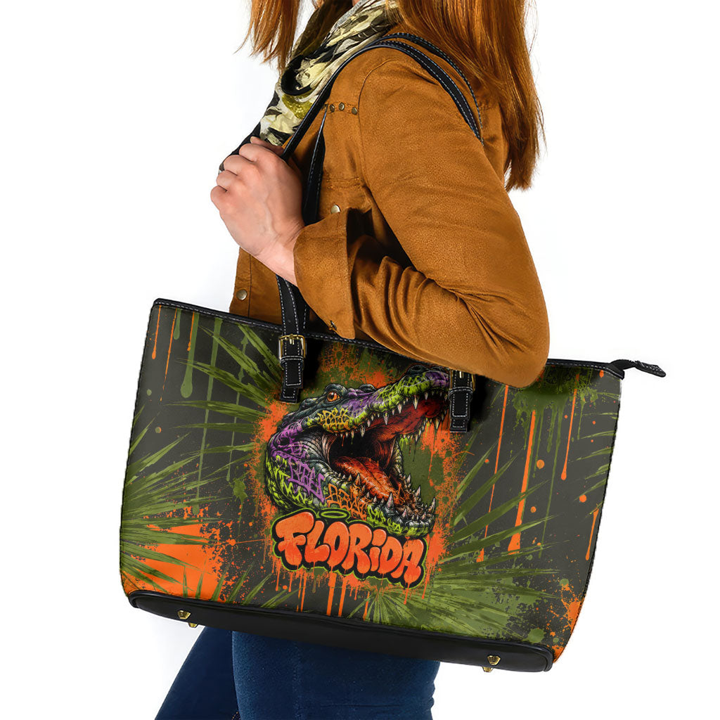 Florida Alligator Airboat Leather Tote Bag Everglade Swamp Life Graffiti Splatter Artwork