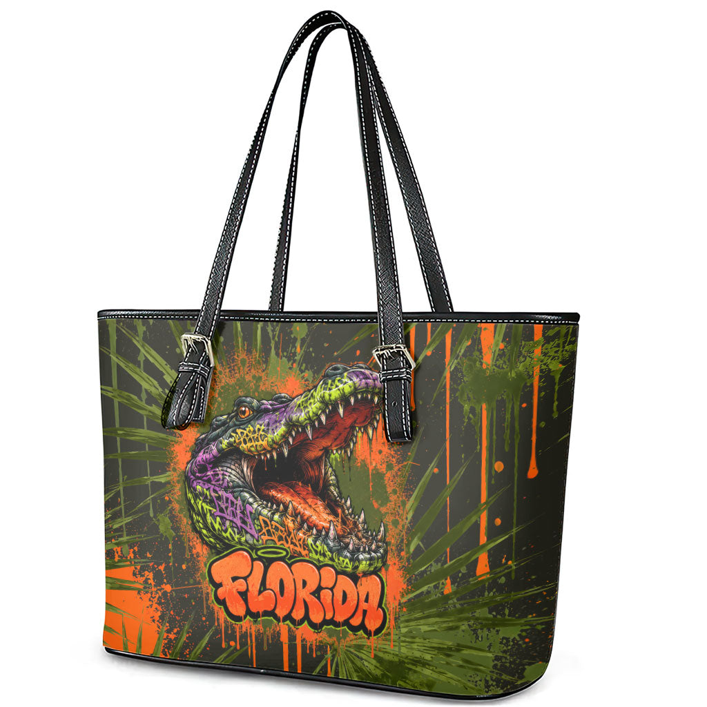 Florida Alligator Airboat Leather Tote Bag Everglade Swamp Life Graffiti Splatter Artwork