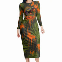 Florida Alligator Airboat Long Sleeve Bodycon Dress Everglade Swamp Life Graffiti Splatter Artwork