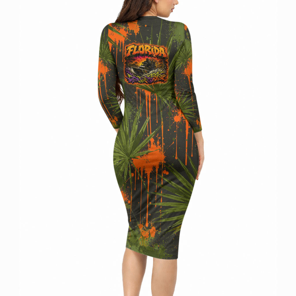 Florida Alligator Airboat Long Sleeve Bodycon Dress Everglade Swamp Life Graffiti Splatter Artwork