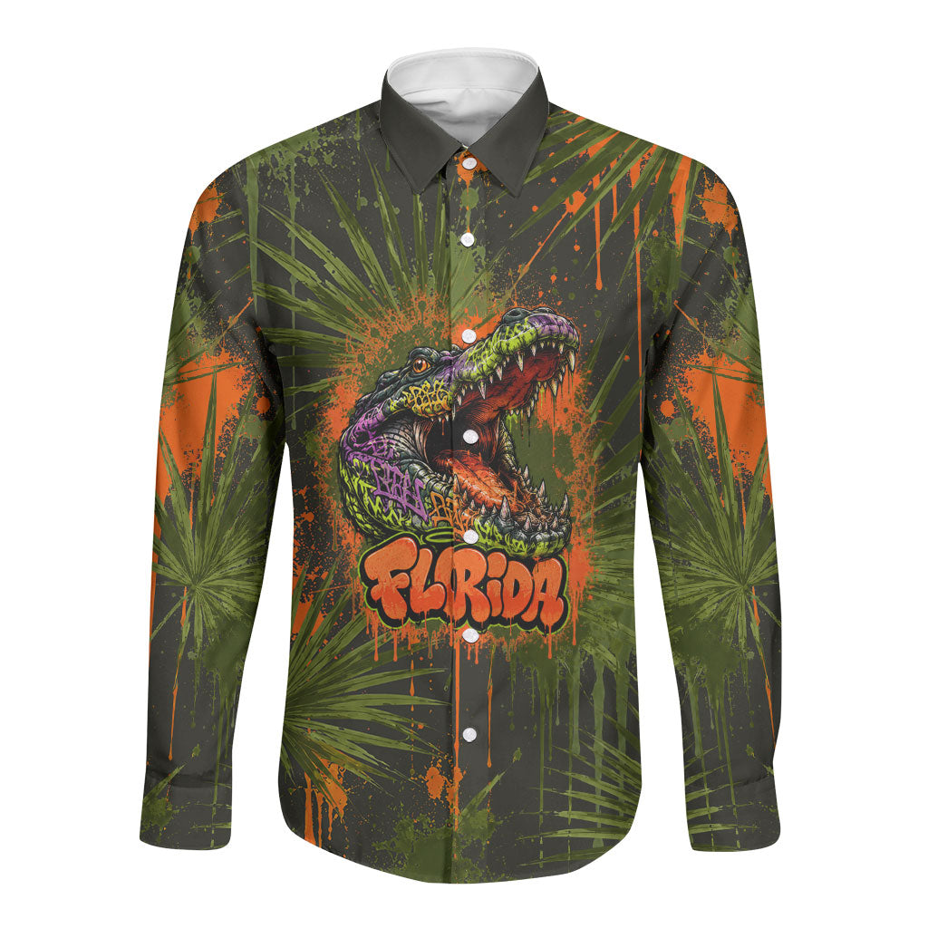 Florida Alligator Airboat Long Sleeve Button Shirt Everglade Swamp Life Graffiti Splatter Artwork