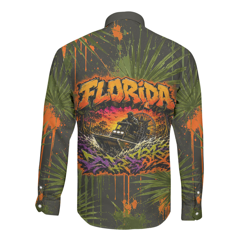 Florida Alligator Airboat Long Sleeve Button Shirt Everglade Swamp Life Graffiti Splatter Artwork