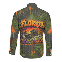 Florida Alligator Airboat Long Sleeve Button Shirt Everglade Swamp Life Graffiti Splatter Artwork