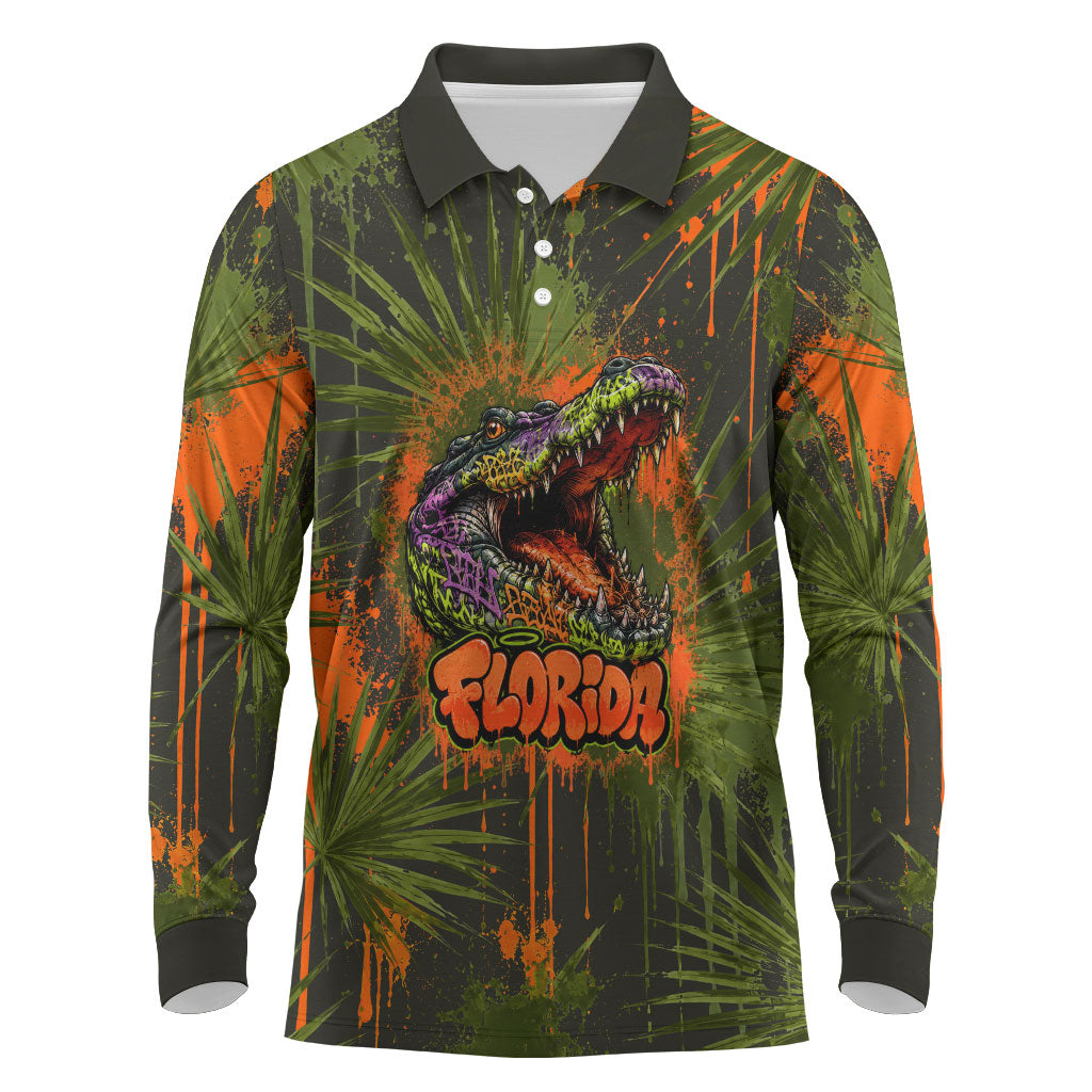 Florida Alligator Airboat Long Sleeve Polo Shirt Everglade Swamp Life Graffiti Splatter Artwork