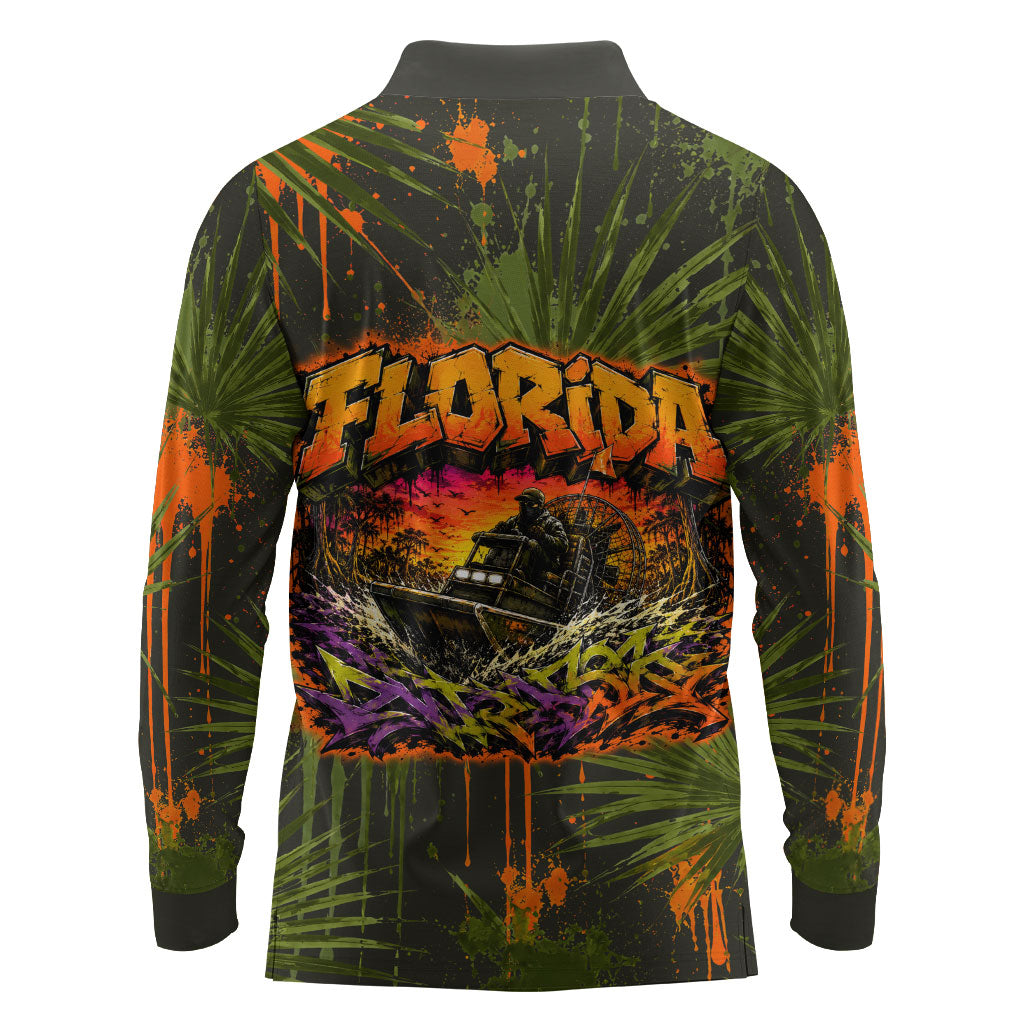 Florida Alligator Airboat Long Sleeve Polo Shirt Everglade Swamp Life Graffiti Splatter Artwork