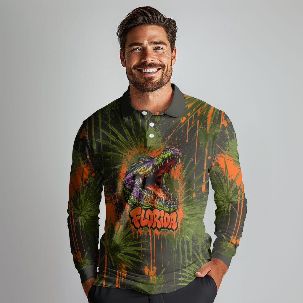 Florida Alligator Airboat Long Sleeve Polo Shirt Everglade Swamp Life Graffiti Splatter Artwork