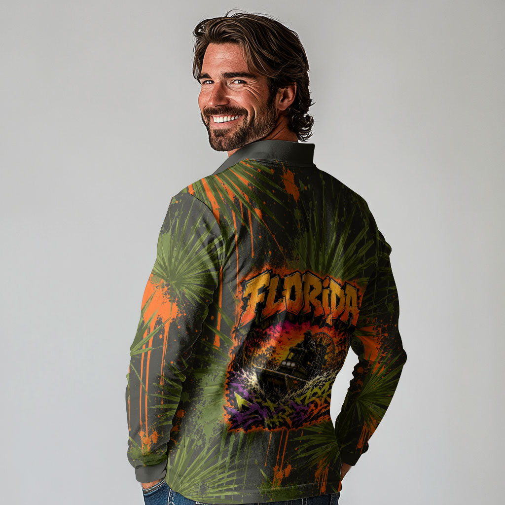 Florida Alligator Airboat Long Sleeve Polo Shirt Everglade Swamp Life Graffiti Splatter Artwork