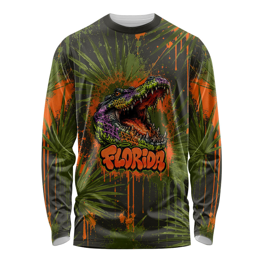 Florida Alligator Airboat Long Sleeve Shirt Everglade Swamp Life Graffiti Splatter Artwork