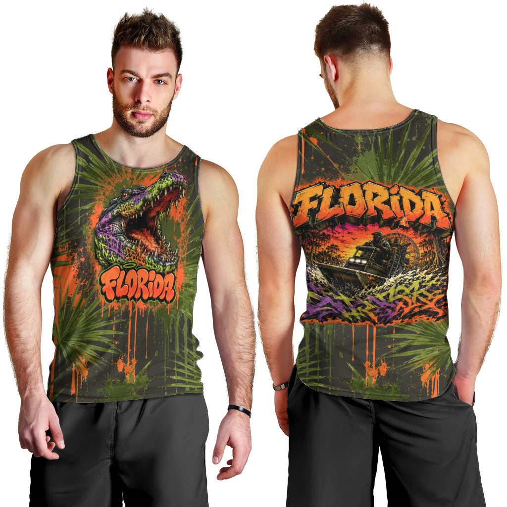 Florida Alligator Airboat Men Tank Top Everglade Swamp Life Graffiti Splatter Artwork