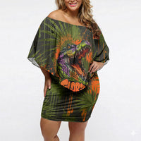 Florida Alligator Airboat Off Shoulder Short Dress Everglade Swamp Life Graffiti Splatter Artwork