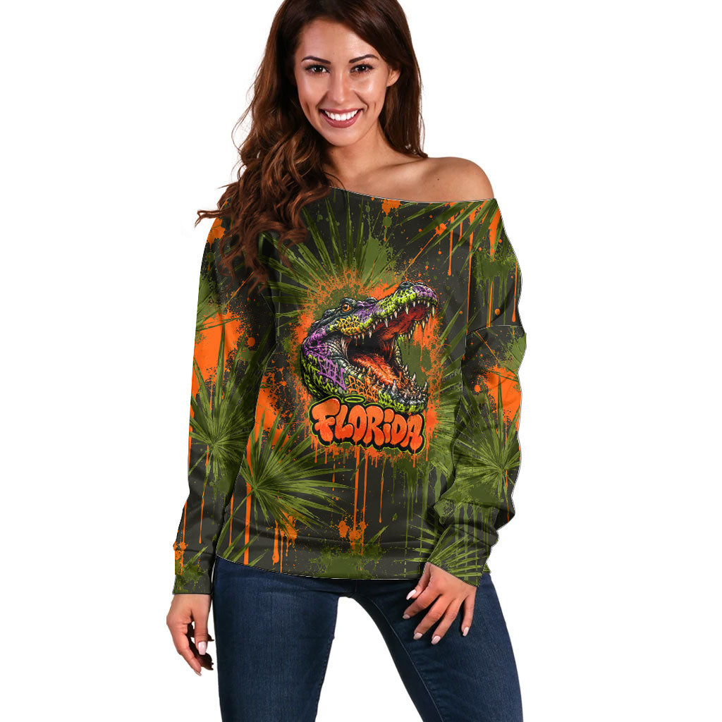 Florida Alligator Airboat Off Shoulder Sweater Everglade Swamp Life Graffiti Splatter Artwork