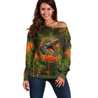 Florida Alligator Airboat Off Shoulder Sweater Everglade Swamp Life Graffiti Splatter Artwork