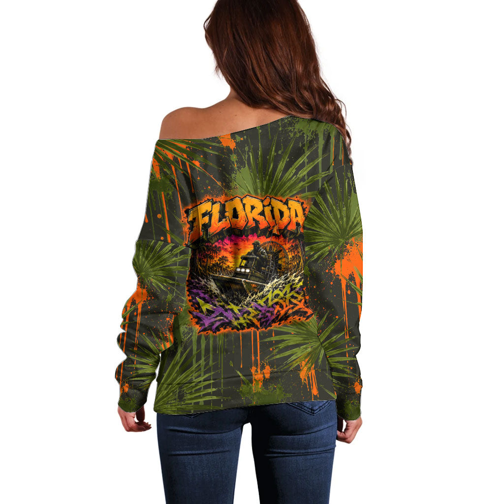 Florida Alligator Airboat Off Shoulder Sweater Everglade Swamp Life Graffiti Splatter Artwork