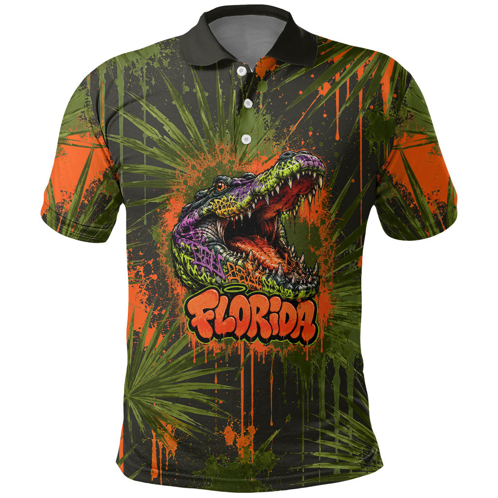 Florida Alligator Airboat Polo Shirt Everglade Swamp Life Graffiti Splatter Artwork