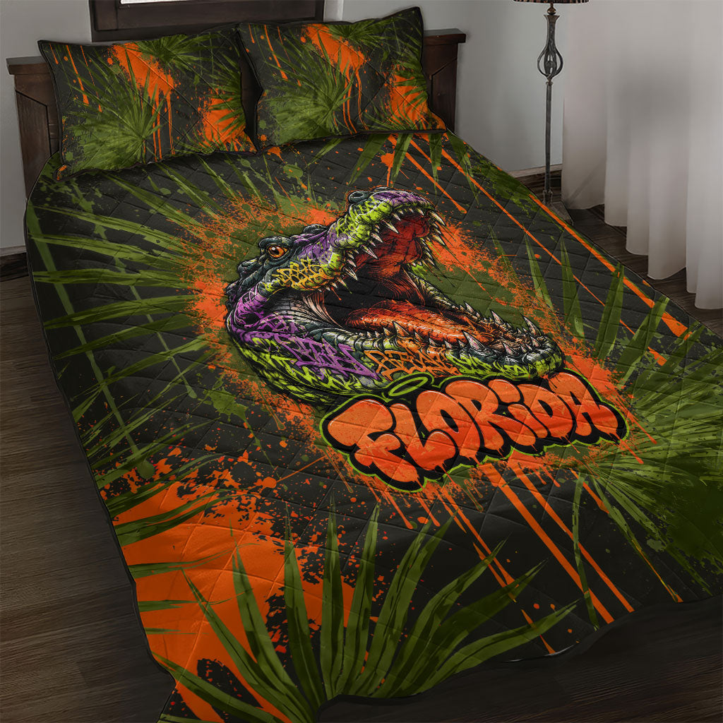 Florida Alligator Airboat Quilt Bed Set Everglade Swamp Life Graffiti Splatter Artwork