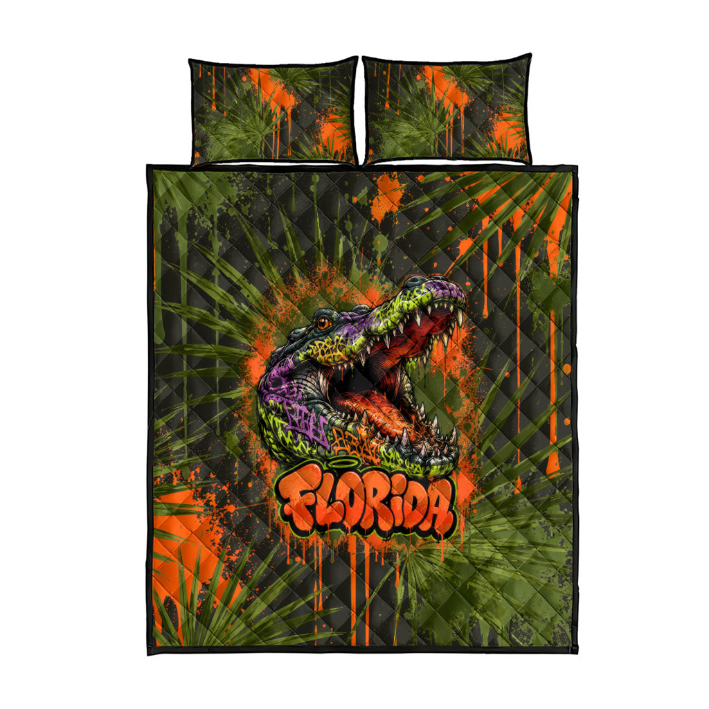 Florida Alligator Airboat Quilt Bed Set Everglade Swamp Life Graffiti Splatter Artwork