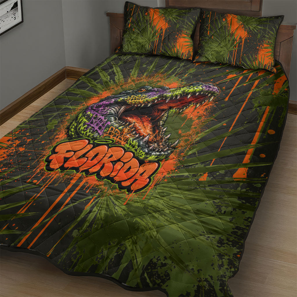 Florida Alligator Airboat Quilt Bed Set Everglade Swamp Life Graffiti Splatter Artwork