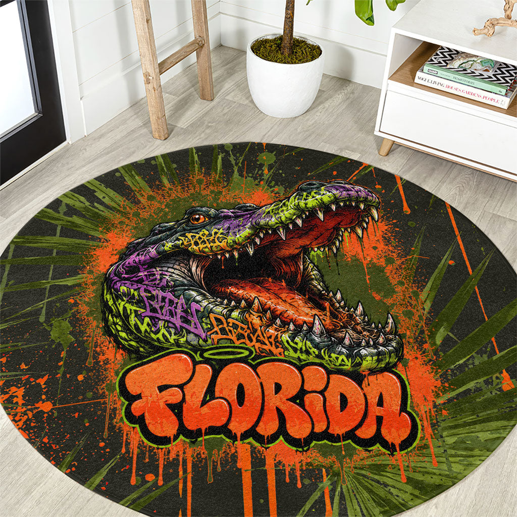 Florida Alligator Airboat Round Carpet Everglade Swamp Life Graffiti Splatter Artwork