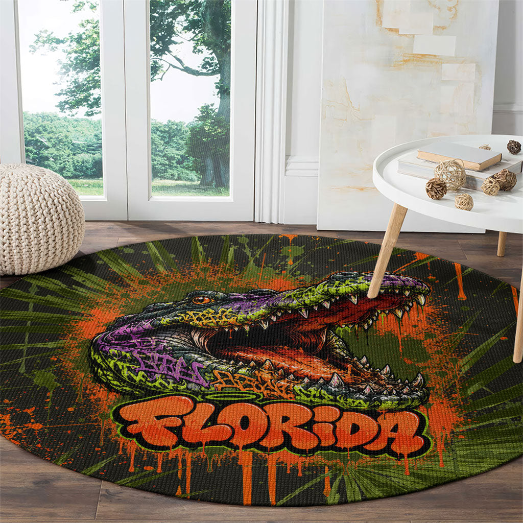 Florida Alligator Airboat Round Carpet Everglade Swamp Life Graffiti Splatter Artwork