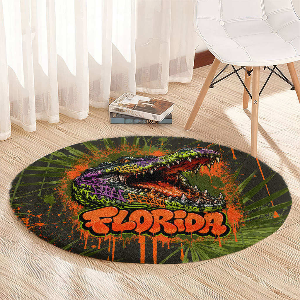 Florida Alligator Airboat Round Carpet Everglade Swamp Life Graffiti Splatter Artwork