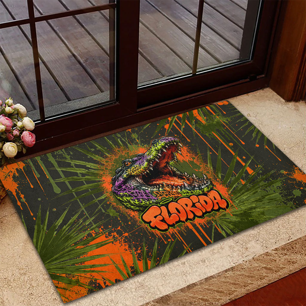 Florida Alligator Airboat Rubber Doormat Everglade Swamp Life Graffiti Splatter Artwork