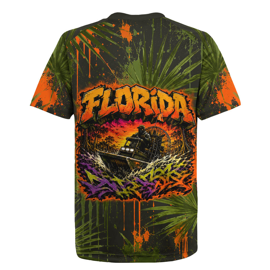 Florida Alligator Airboat Rugby Jersey Everglade Swamp Life Graffiti Splatter Artwork