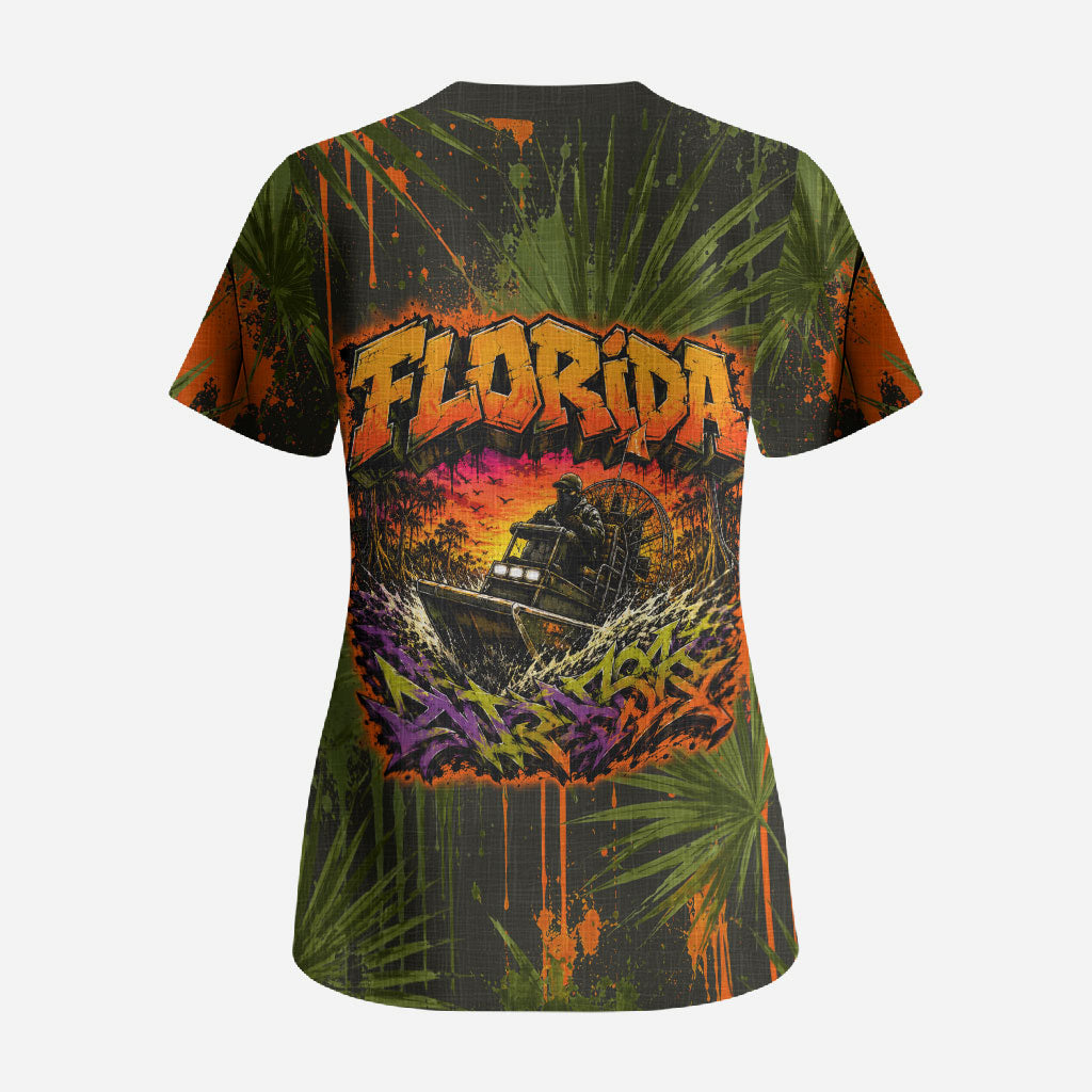 Florida Alligator Airboat Scrub Top Everglade Swamp Life Graffiti Splatter Artwork