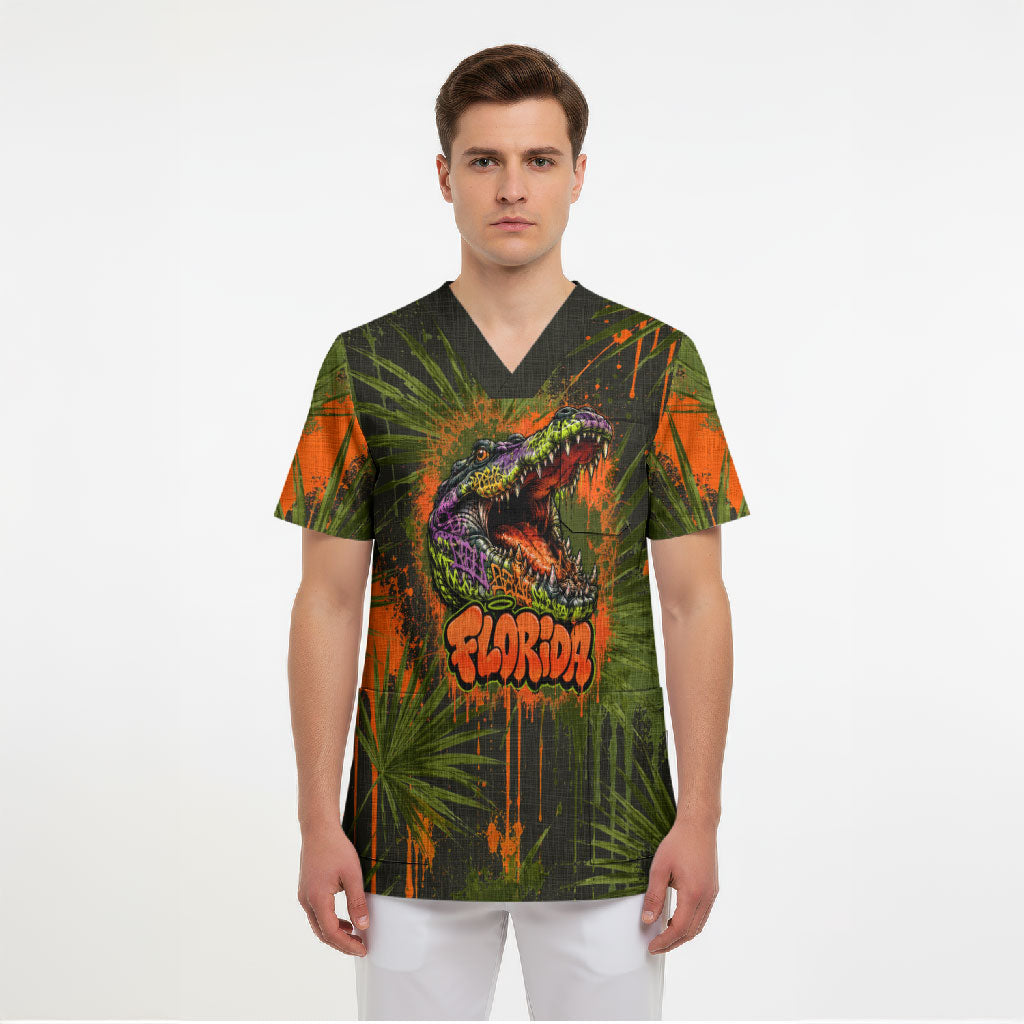 Florida Alligator Airboat Scrub Top Everglade Swamp Life Graffiti Splatter Artwork