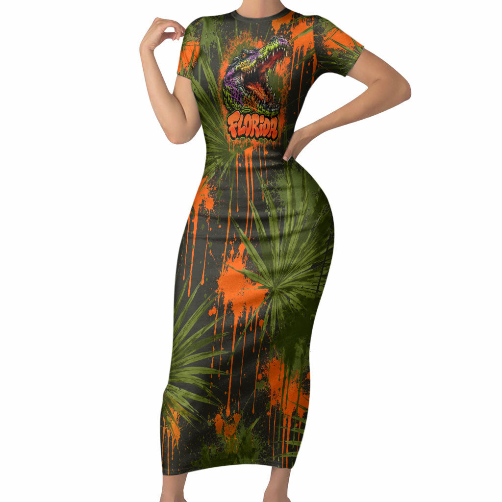 Florida Alligator Airboat Short Sleeve Bodycon Dress Everglade Swamp Life Graffiti Splatter Artwork