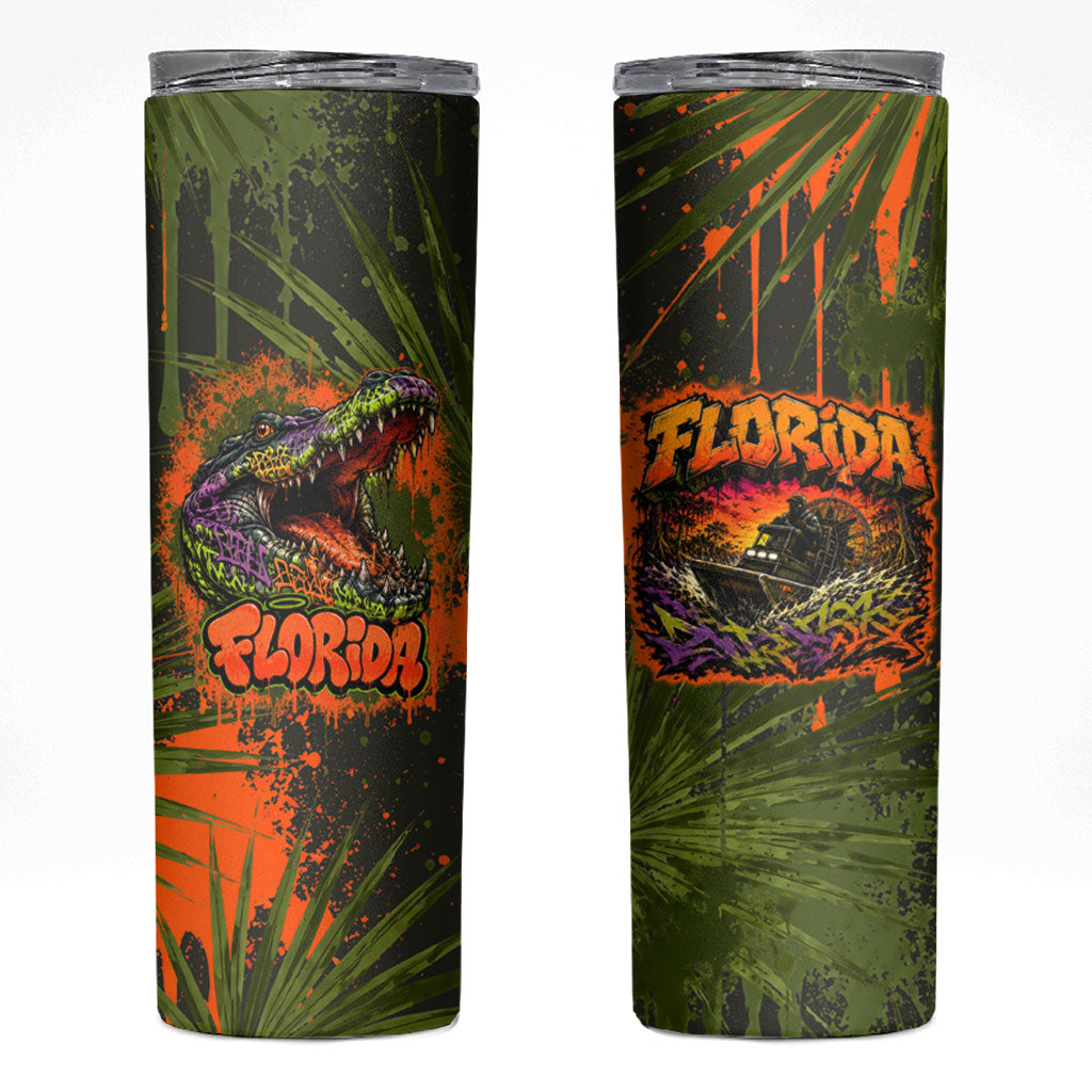 Florida Alligator Airboat Skinny Tumbler Everglade Swamp Life Graffiti Splatter Artwork