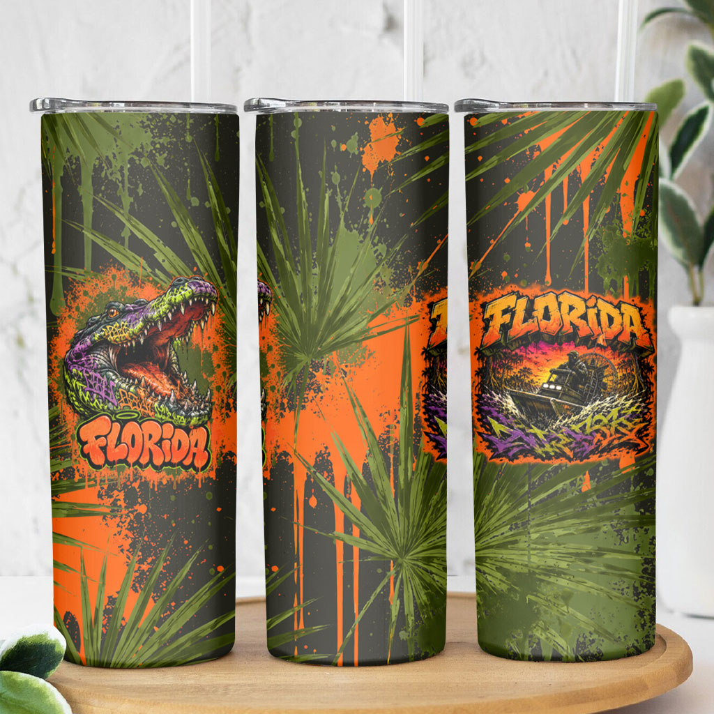 Florida Alligator Airboat Skinny Tumbler Everglade Swamp Life Graffiti Splatter Artwork