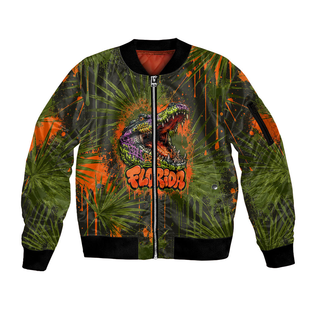 Florida Alligator Airboat Sleeve Zip Bomber Jacket Everglade Swamp Life Graffiti Splatter Artwork